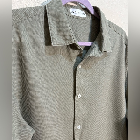 ZARA Men’s Long Sleeve Button Down Shirt Solid Green Size XXL Slim Fit - Picture 2 of 5